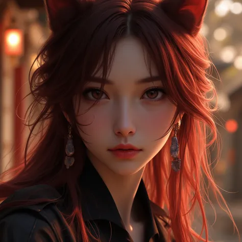 masterpiece, best quality work of art, 8k, of the highest quality, best graphic,    beau yeux de chat noir, beautiful sensual lip, beautiful background,   long burgundy hair detached , Young Japanese and Thai man without a Cat's ear 