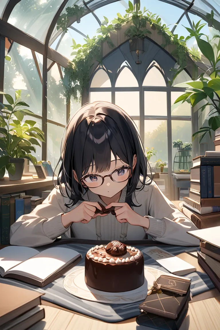  1girl ,Magic School,high school girl, black hair,greenhouse,accessories,after school,window,sunshine,chocolate cake,Books,illumination,Glasses,Midea,