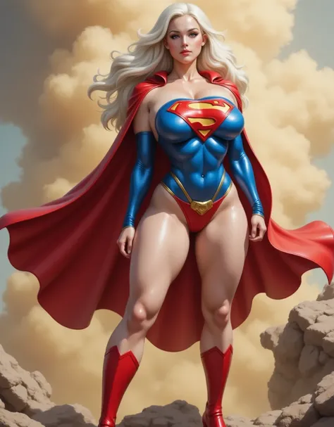 (((superheroine (((Superwoman ))), Huge breasts, dressed in (((blue super man suit with the letter S on her chest, with a fluttering red cloak, very red short skirt,  yellow metal belt )))),  Masterpiece , сверхдетализированные обои CG Unity 8K, best quali...