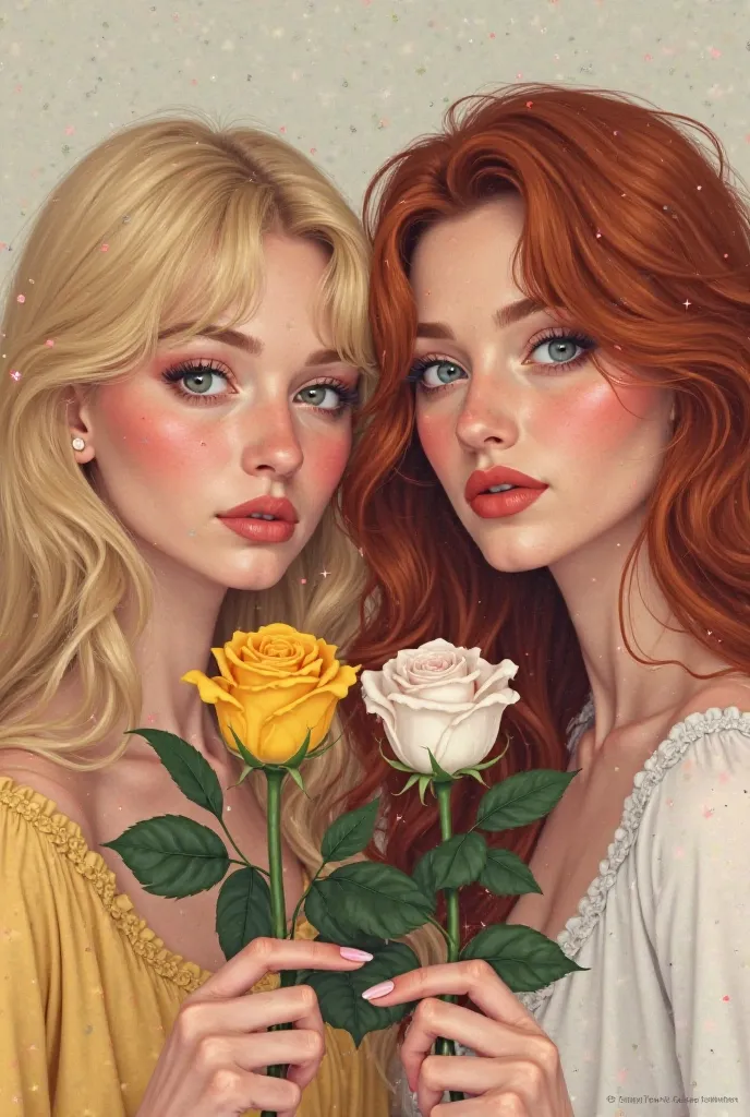 Women, a blonde woman holding a yellow rose in her hand, a brunette woman holding a white rose in her hand, a red-haired woman holding a red rose in her hand and a white woman with brown hair holding a pink rose in her hand, each woman holding her rose and...