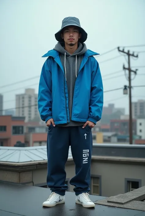 A fortune teller man wearing a blue jacket stands on the roof of a building, wearing a fisherman hat, full body portrait, casual clothes, fear of God style, Young Lin, Sepp MacKinnon style, Lil Peep, full body portrait, Jordan Grimer style, classic atmosph...