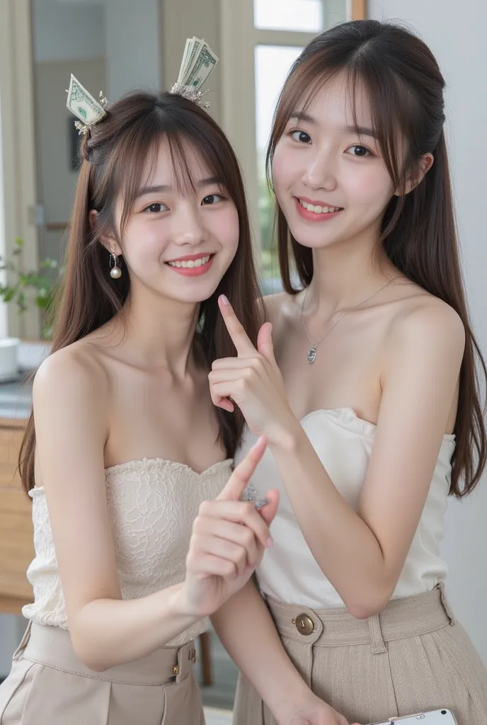 A cute Korean-style girl, beautiful like a half-breed, both of their hands are holding dollars, one in each hand, and they are simultaneously pointing at the hand of their friend who is holding a mobile phone. Both of them are wearing half-length tube tops...