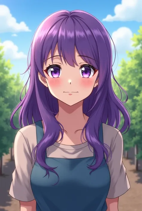 Anime, mother, hair color hex 893843, farmer, jam color hair, long hair, purple eyes, 50 years old