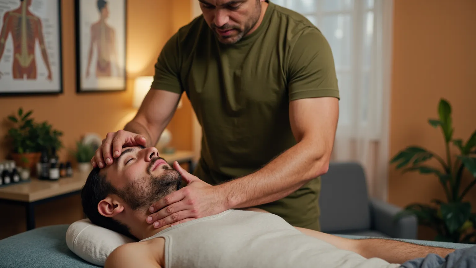 manual therapist in an olive-green t-shirt is performing a neck therapy session on a male patient lying on a soft massage table. The therapist gently cradles the patient’s head, applying slow, precise movements to relieve tension and improve alignment. The...