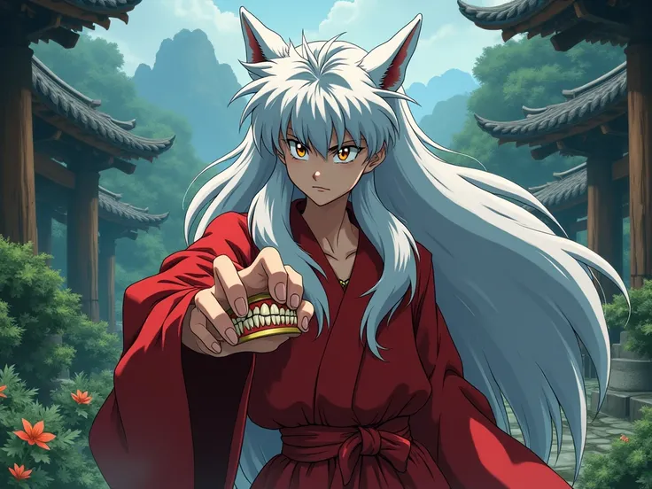 Create an image of Inuyasha holding her teeth