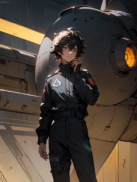 1male , Pilots Helmet , Black Pilot Jumpsuit with glowing magical sigils engraved onto it, Calm Expression , Low-Cut Messy Hair  , Standing in a military base , Detailed Generation, Masterpiece Quality 