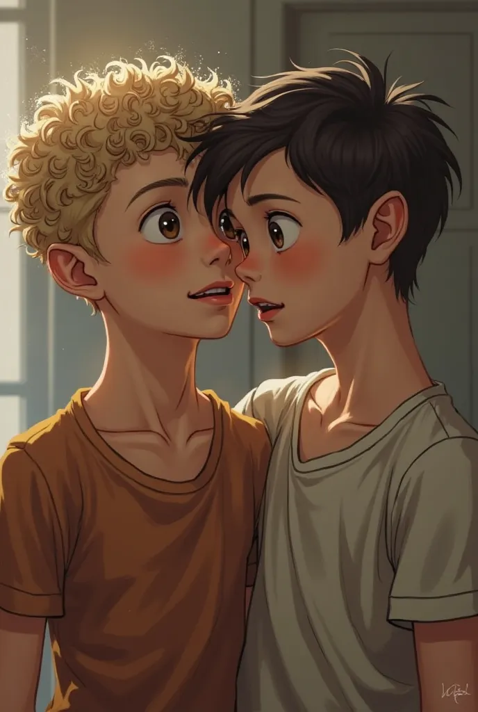 two boys, dirty curly short blond hair, brown eyes, dark brown short hair, brown eyes twinks 