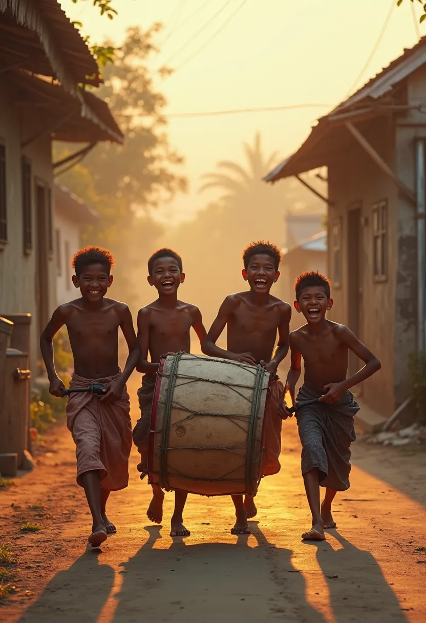 Early morning dawn four young Indonesian villagers wearing sturdy clothes and sarongs with wheels pushing a drum around in front of houses while beating the drum and shouting the bubble text "Sahur Sahur", 4k, HDR, HD