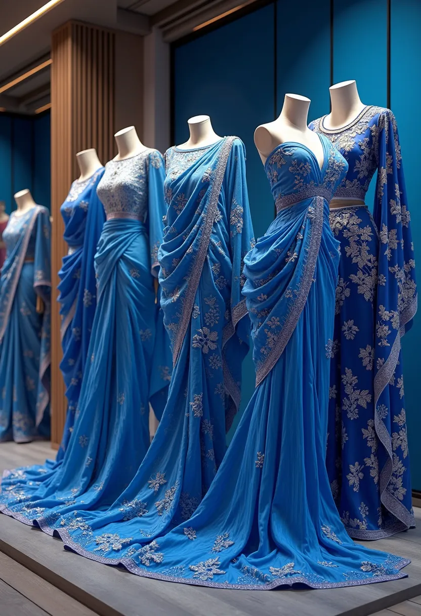 Create an image of 2025':bulan;!!! Sarees  stay on luxury showroom  Blue color 