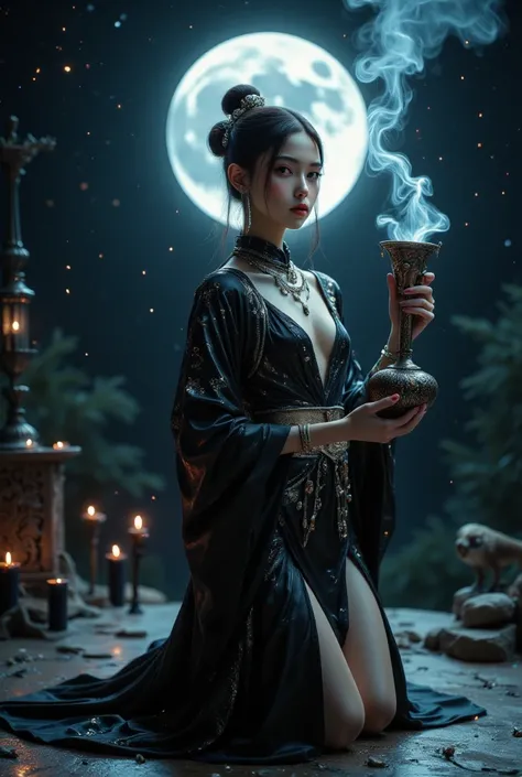 A thin and delicate Chinese girl, 18 years old, is kneeling on an ancient altar, under the pale light of a dark moon. Her slender and fragile body is surrounded by a priestess costume made of black silk and silver, with details that shine like stars. The t...