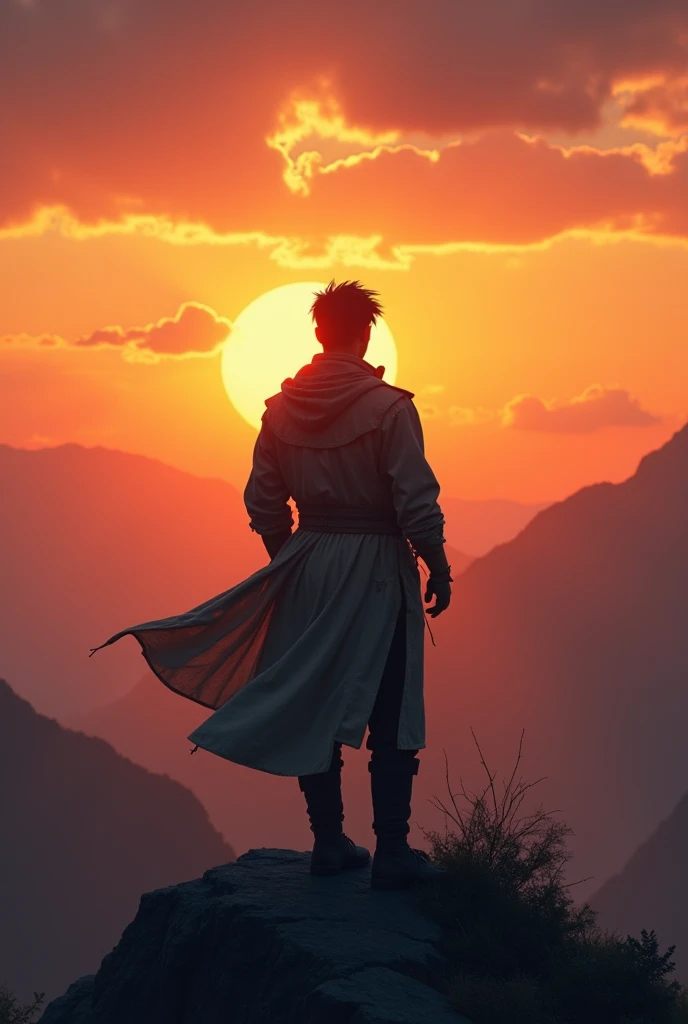 Silhouette of a young man in his 20s dressed as an apprentice warrior wearing a warrior's trench coat standing on a mountain watching a beautiful sunset and clouds in the distance