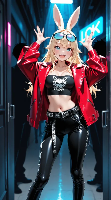 (masterpiece:1.2, good anatomy), 1girl, Alone, looking at the spectator, (1girl\white rabbit ear\cute & long blond hair:1.3\ punk style\ glasses on the head\red coat\black semi-transparent tube top \Big belt and attack\tight black pants showing every silho...