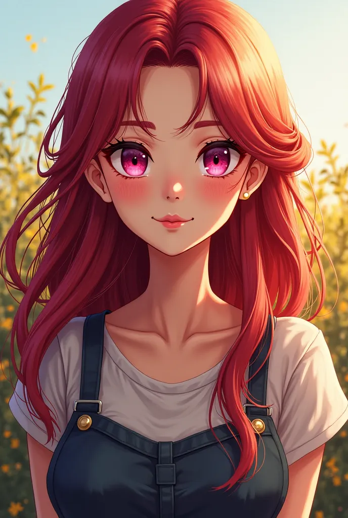 Anime, hair color hex 893843, farmer, jam color hair, long hair, purple eyes, 50 years old mother