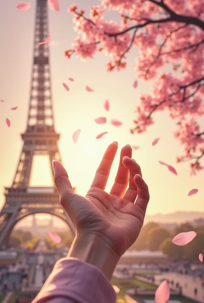 Eiffel tower for the background...sakura tree and sakura leaves flying all in the air... woman's hand 