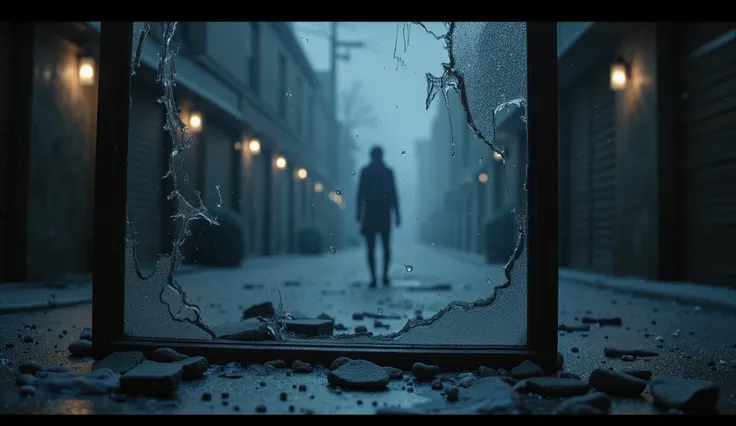 "Create a dark, moody background image with a mix of cold tones like deep blues, grays, and purples. Feature a shattered photo frame or mirror in the foreground, with pieces scattered across the scene, symbolizing broken memories and relationships. Include...