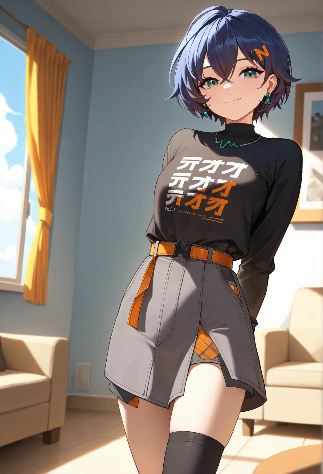 masterpiece, best quality, solo, 1girl, zzzb3lle, smile, closed mouth, looking at viewer, standing, arms behind back, short hair, blue hair, crossed bangs, hair ornament, hairclip, green eyes, black shirt, clothes writing, long sleeves, grey skirt, orange ...