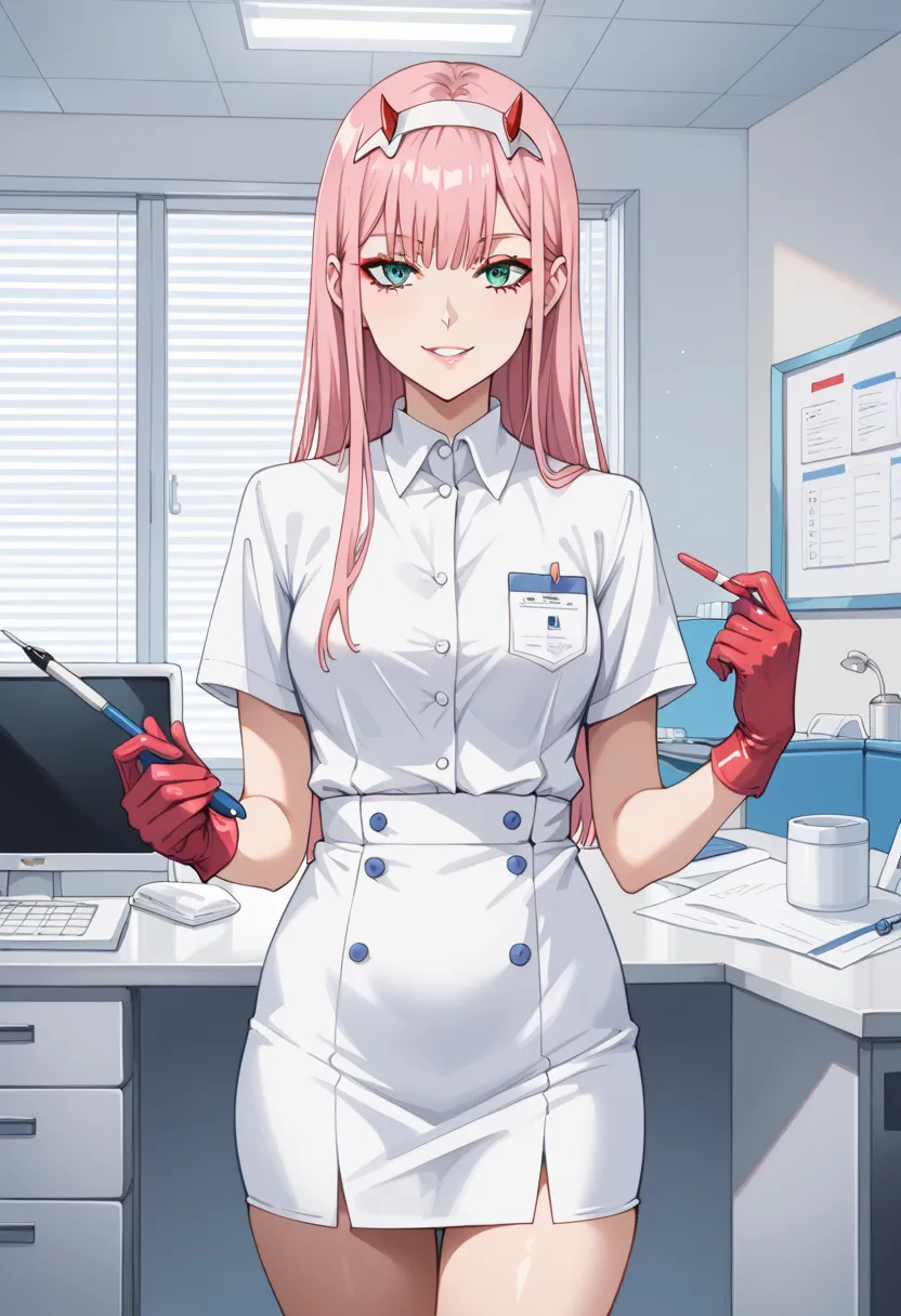 1 girl, zero two, darling in the franxx, looking at viewer, standing, one, dentist dress uniform, latex gloves, dentist office 