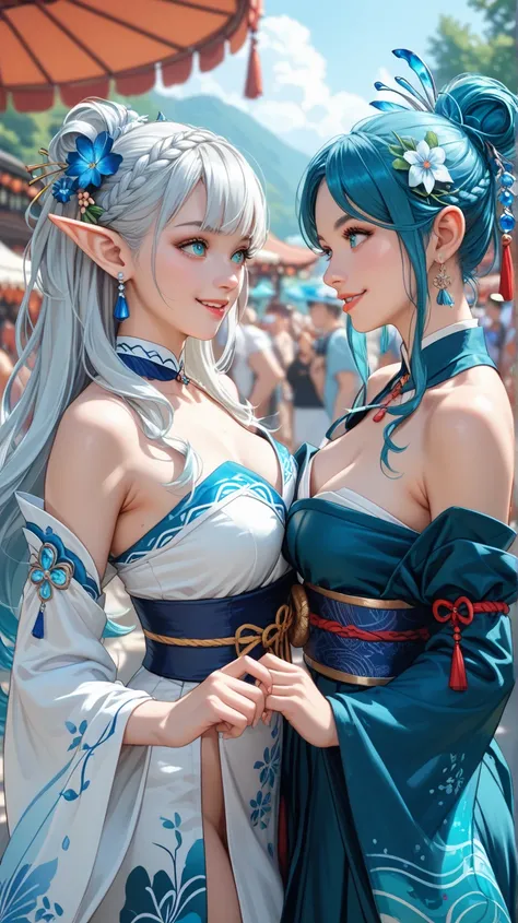 8k 2.5D Japanese comic character style Two beautiful elf girls wrapped in pale blue festival costumes, two sisters with unique bodies, a fat sister with a large platinum long sovage bust, and a slim model sister with a platinum semi-sovage tall, small bust...