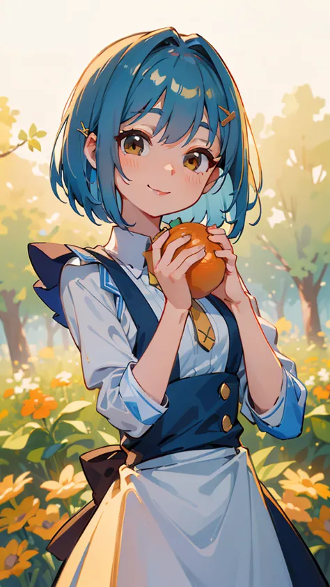 (masterpiece、Best Quality)、EXQUISITE DETAILS、8k、Sharp Focus、(Bokeh) (Best Quality) (Exquisite Skin:1.3) (EXQUISITE DETAILS) (8k) (fine粒子) (anime)、Shiny light blue hair、short bob hairstyle、 tie your hair with orange hair clips、 beautiful brown eyes、smile、sm...