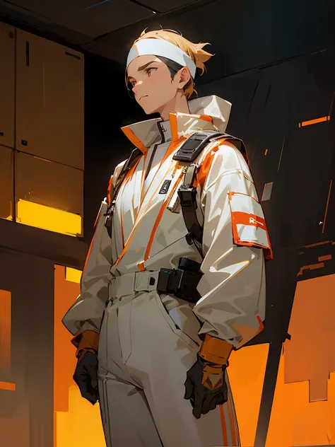 1male  ,Headband, White Pilot Jumpsuit with glowing red and golden accents , Calm Expression  , Standing in a military base , Detailed Generation, Masterpiece Quality