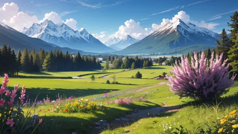  The atmosphere is quiet, lively, relaxed, beautiful green meadow in the center of the picture is a dirt road. Next to the road there are big trees around the meadow, colorful flowers alternate in the distance, there are beautiful mountains, there are many...