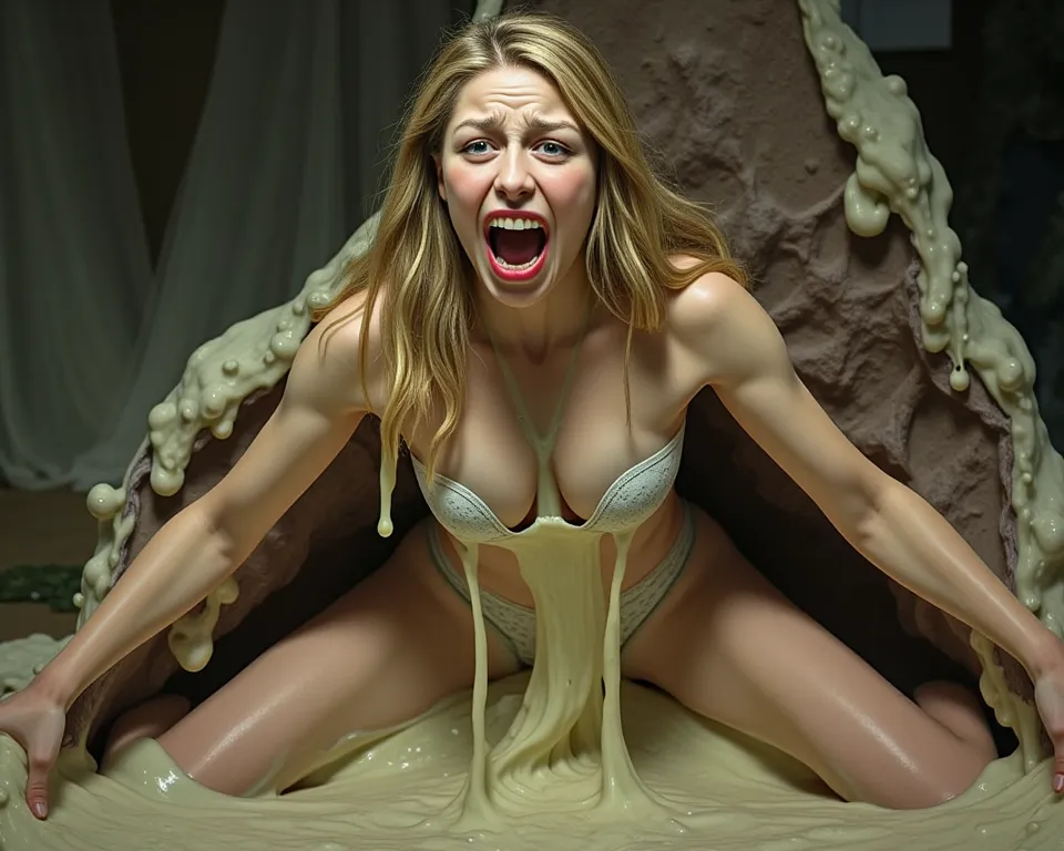 Woman in underwear being eaten by giant slime。
 she is screaming in so much pain。
She has wide open thighs。
Slime is slurping her 。
実写風
彼女はtearsを流しながら助けを求めている
号泣，tears