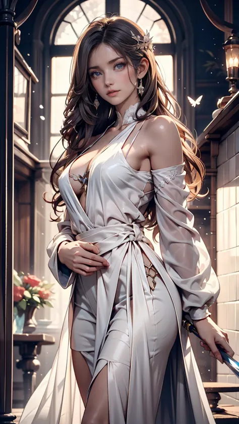 Beautiful woman emperor,  Crystal Clear Skin , Beautiful appearance, There is deep wisdom in her eyes,  as if she sees through everything in the world, Wearing a gorgeous white robe,  holding long swords ,  Clothes that dance in the breeze 、 full nudity wi...