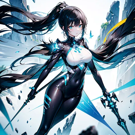 Alone, stylish game stand-up illustration、flight、short stature and glamorous figure、A cool and cute woman with a wallow coulée motif、blue, black, and white sci-fi style battle bodysuit and light armor that sticks tightly to the skin、Golden Eyes、holds a cla...