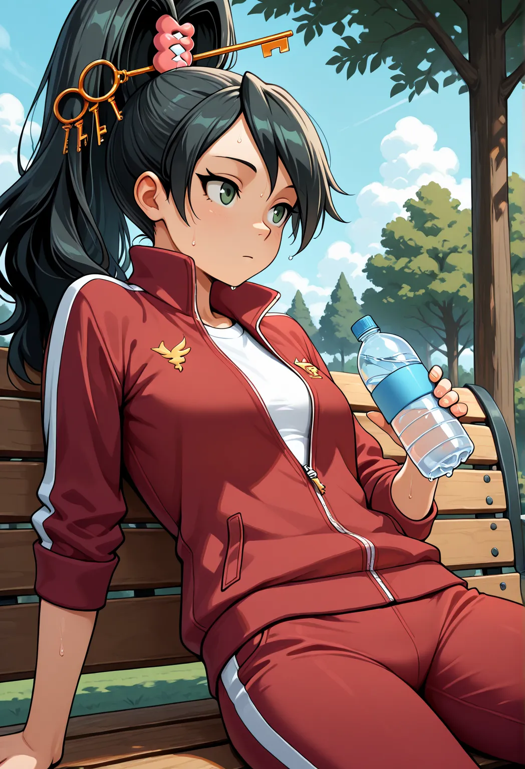 masterpiece, best quality, solo, 1girl, kay faraday, sweat, expressionless, looking away, sitting, park bench, leaning back, holding water bottle, long hair, black hair, high ponytail, hair ornament, key, green eyes, track suit, red jacket, track jacket, l...