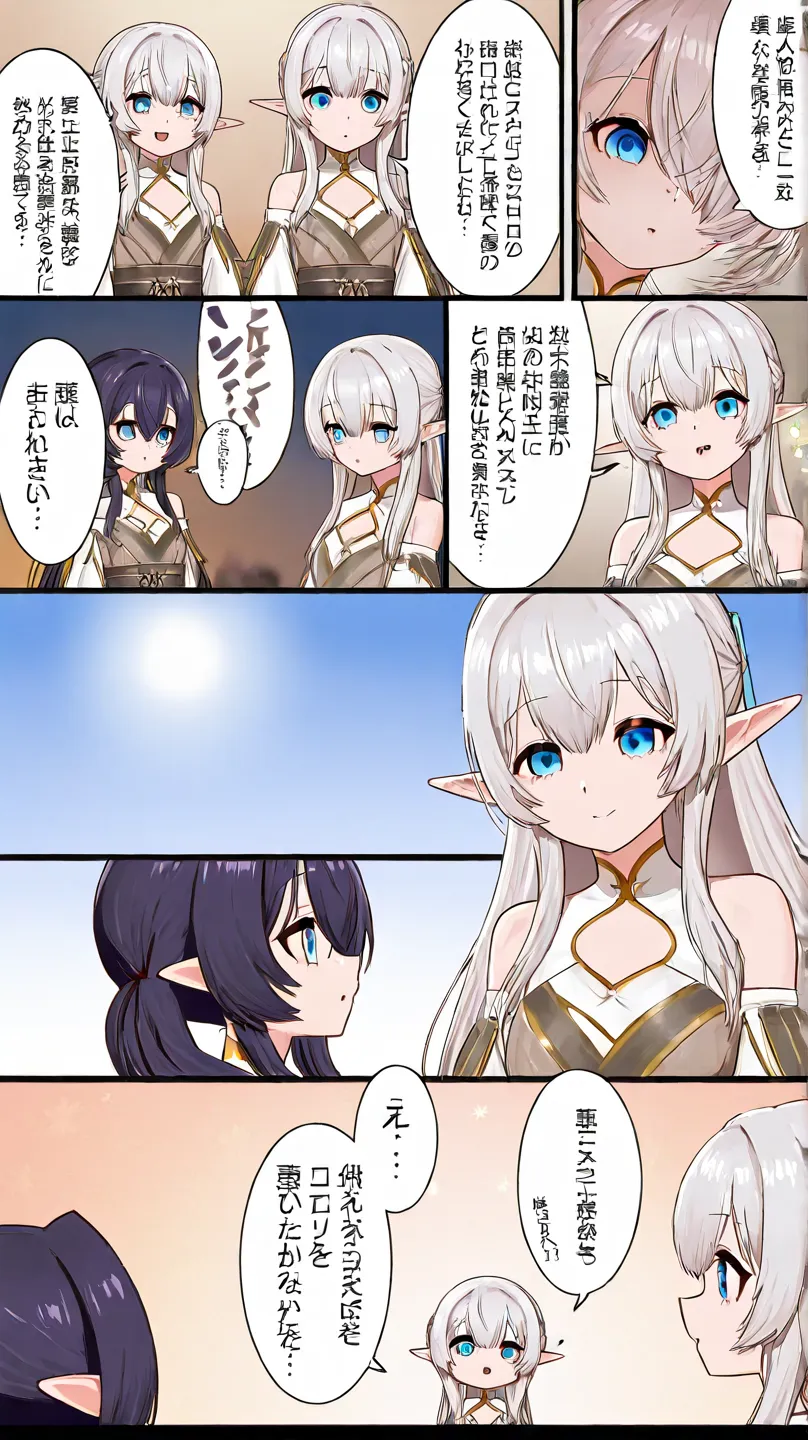 8k 2.5D Japanese comic character style Two beautiful elf girls wrapped in pale blue festival costumes, two sisters with unique bodies, a fat sister with a large platinum long sovage bust, and a slim model sister with a platinum semi-sovage tall, small bust...