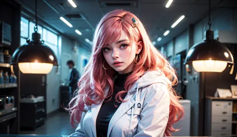 Hallway of a high-tech laboratory. An older scientist shouts 'Susan!'with desperation. A young assistant, (A young lady rs, with long strawberry blonde hair, wavy hair, with air bangs. She has an hourglass figure.  She is wearing pink hair clips. She is we...