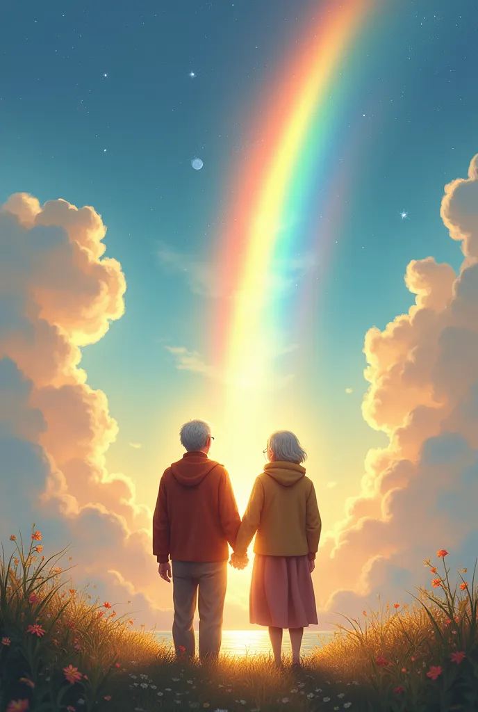 A Beautiful old couple seeing front. background heaven with colour full rainbow 