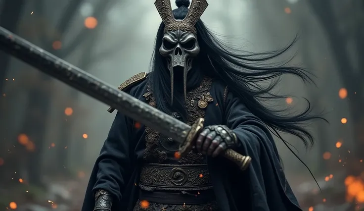  an image of a warrior wearing a plague doctor mask, Who wields a broadsword. Elegant but sinister image, elegant tactical mascot, Chinese movie hero, long hair,  black hair, Masterpiece, High Definition, smile, , yron character in rov