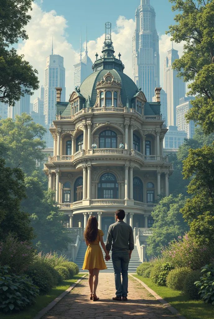 A couple faces a mansion in the city 