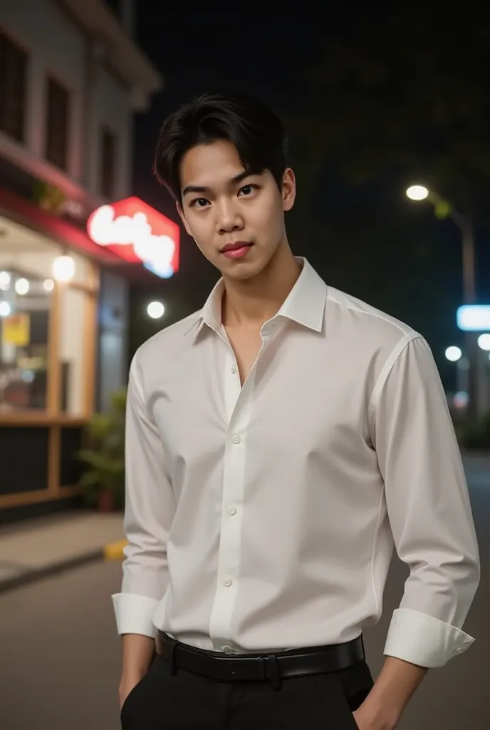 sex, masculine, Age 28 years, (Model, Byeon Woo-seok, South Korean celebrities), (bestquality:1.2, 8k resolution, highres:1.2), (asian, korea, handsome:1.4), White shirt, Short black hair, Good looking, Fair-skinned, Formal dress code, (On the road at nigh...