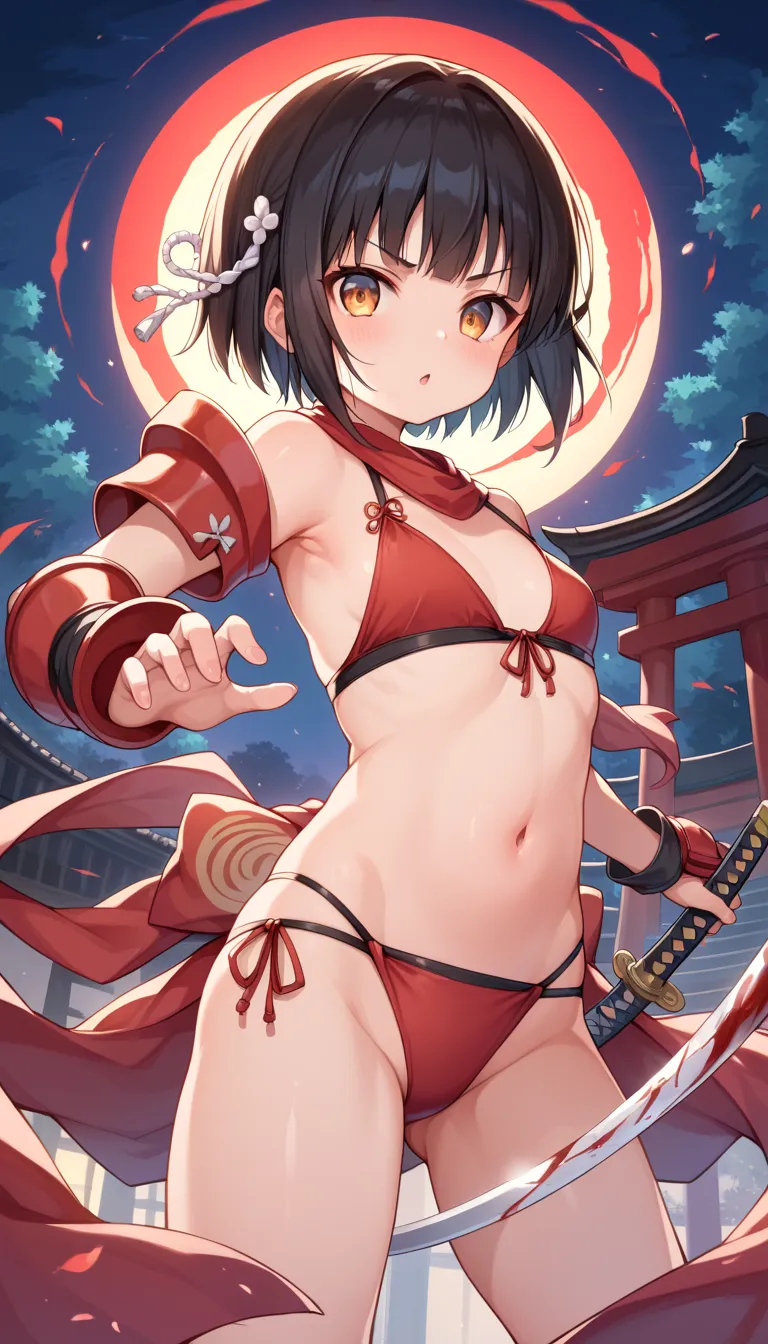 Anime style, 1girl , short black hair hime , japonese girl, ish , loli body,  red samurai armour , bikini holding katana,  japonese temple background,  night , fighter,  battle,  gore , revelating clothes 