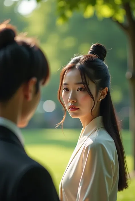 arafed image of a woman looking at a man in a park, a portrait inspired by Cui Bai, trending on cg society, neoism, highlight scene of the movie, trailer, with subtitles, scene from live action movie, screenshot from a movie, movie trailer, high drama, sce...