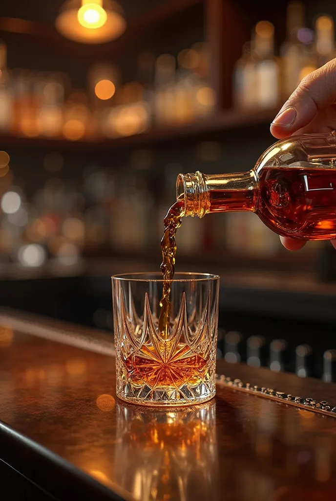 a bottle of whiskey pouring liquid into a glass