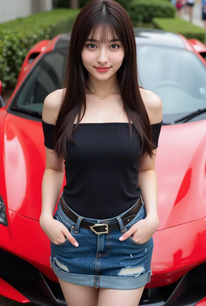 A beautiful woman with long black hair and fair skin is posing in front of the camera, with the same angle as the reference image. She is wearing a tight black off-shoulder top and a unique denim mini skirt with a belt and metallic details. Her face looks ...