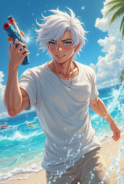 Satoru Gojo , A_white_skinned_guy, white_hai, light_blue_eyes, genuine_smile, white_t_shirt, hot_nody, colour_holy_sea_beech_running_spreading_coloour_from_his_water_gun, sunshine_clouds_beech