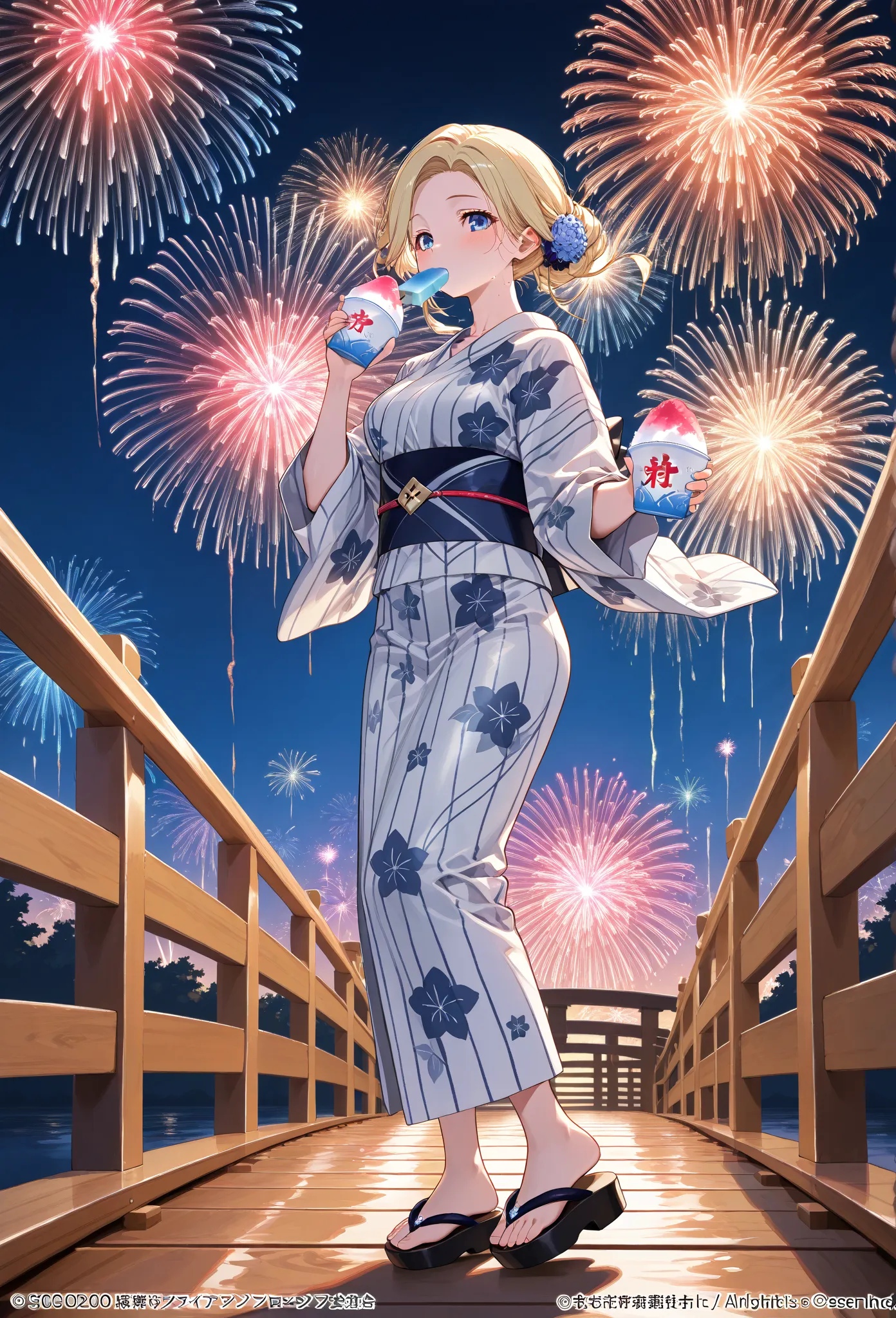     young  , Nape,yukata,Stole, sandals on the skin,fair,holding かき氷,   Fireworks ,date