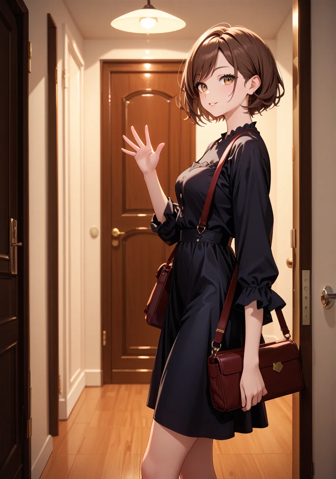 nsfw,night,one girl,,short hair,straight hair ,brown hair,brown eyes,swept bangs,Black Dress,bag,lounge,walking,,,open the door,,,with one hand raised and waving,from side,