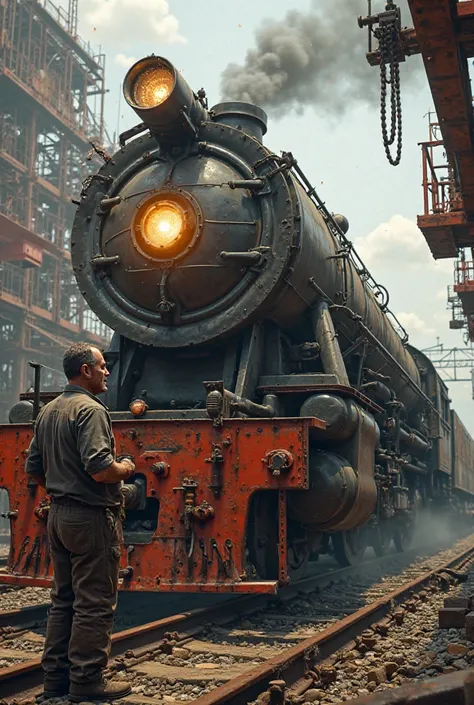 A man repairs an old train to a new one.