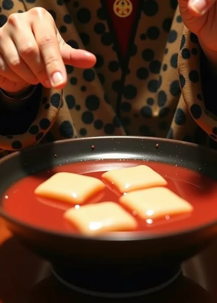 Please deliciously draw a slightly browned square mochi and koshi-an ojiruko from before Edo。Women's hands and arms are in different positions。