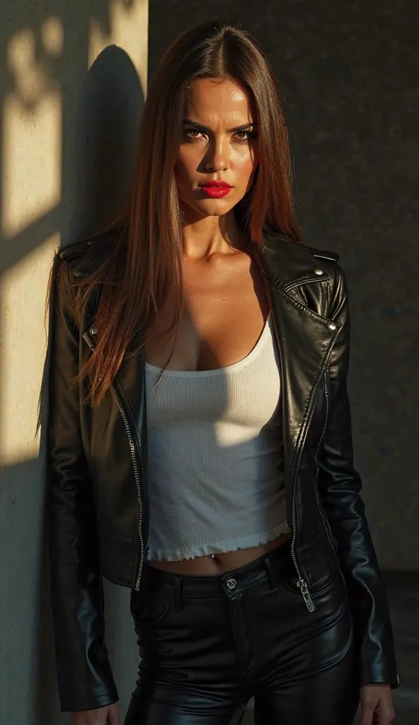 (Shaded shot with shadow), (8k FHD), (High Quality), (8k), strikingly beautiful and intelligent mature evil woman, 28 years old, dreamy, long, smooth, straight light brown hair, breathtaking angry expression, shadows under her eyes, makeup on her face, car...