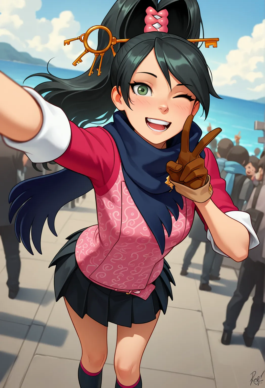 masterpiece, best quality, crowd, solo focus, 1girl, kay faraday, :d, teeth, looking at viewer, selfie, v, long hair, black hair, high ponytail, hair ornament, key, green eyes, one eye closed, pink shirt, sleeves rolled up, brown gloves, black skirt, pleat...