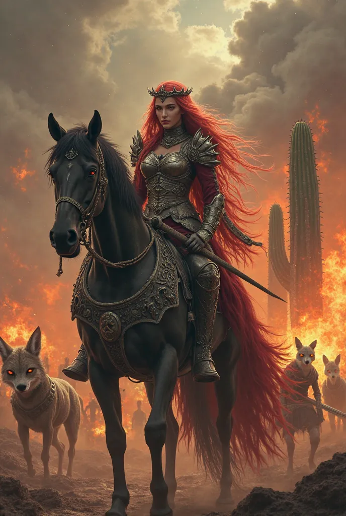 Queen with long red hair in armor, black horse with armor, next to a cactus warrior with a big sword, surrounded by a pack of foxes, Burning background