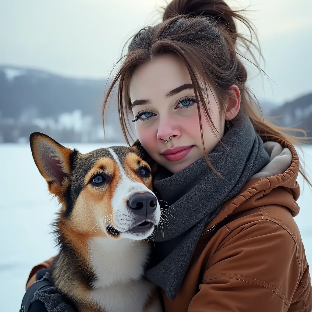 in the field, high ponytail,  winter clothing, with a dog, realistic, close up