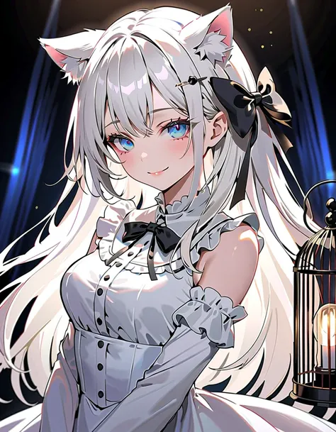 (Best Quality),(Masseter muscle area), delicately drawn face ,a girl with a beautiful face, beautifully detailed blue eyes ,White Lolita Fashion,((  Beautiful Detailed White Costumes for Viewers)),(  Beautiful Silky White Hair  :1.2),Black ribbon hair orna...