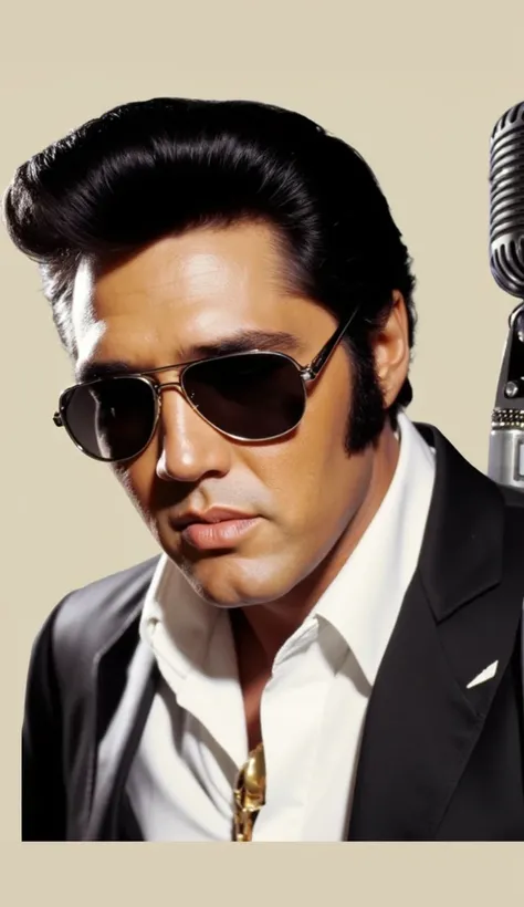 guy singing with elvis presley movements, vibrant 70's colors, high quality, intricate details, professional photography, dynamic pose, expressive facial features, detailed skin and hair, studio lighting, colorful retro outfit, vintage microphone, smoky at...